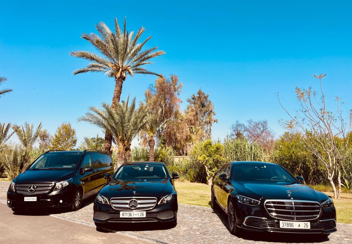 Fleet of vehicles including Mercedes V‑Class, E‑Class and S‑Class used for Marrakech airport transfers